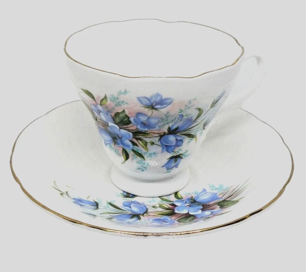 HM Royal Sutherland Bone China Tea Cup & Saucer Blue Flowers Gilt Trim Vintage